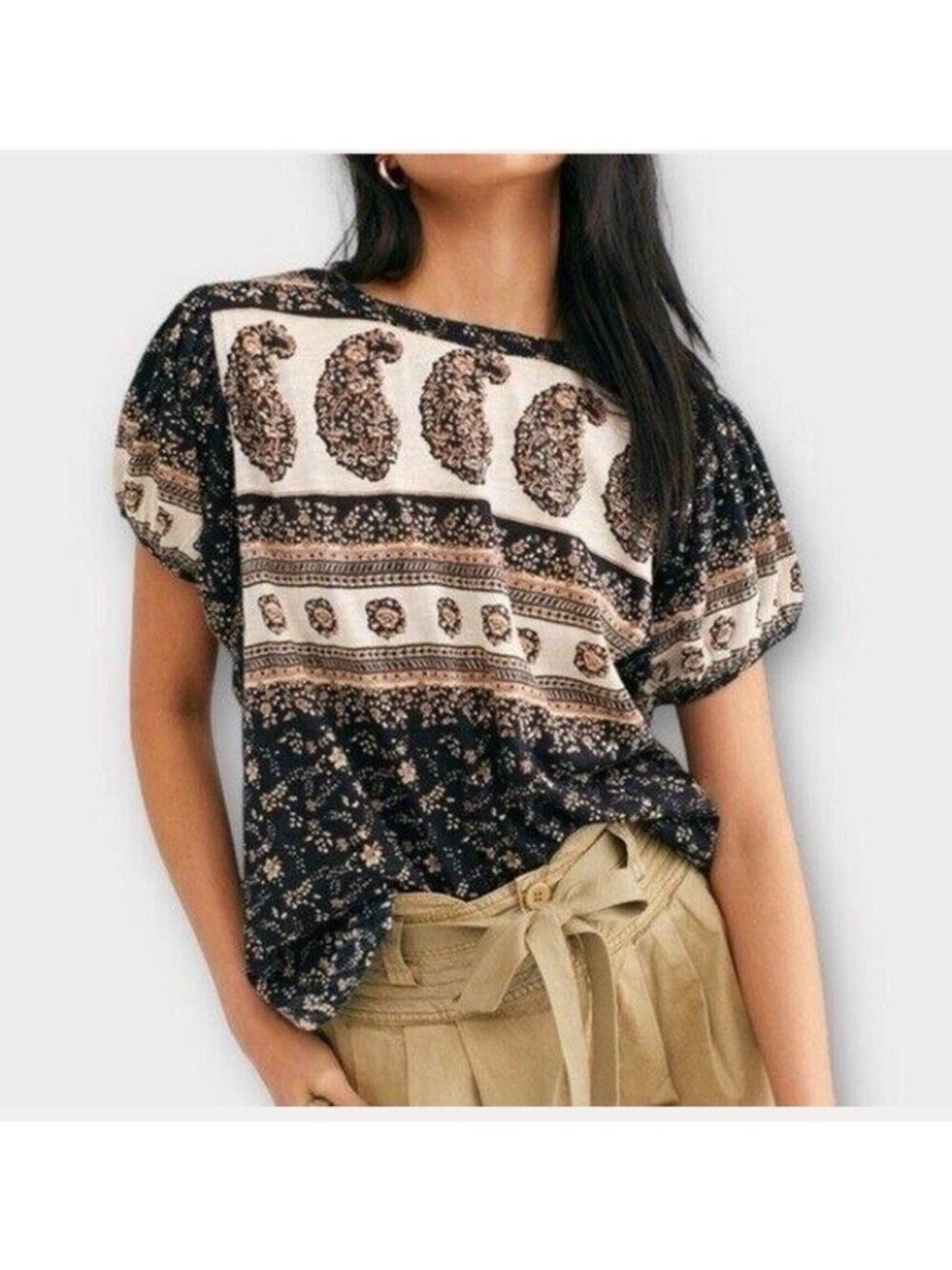 Free People Size M Paisley Puff Sleeve High Neck Black Low Scoop Back Shirt Top